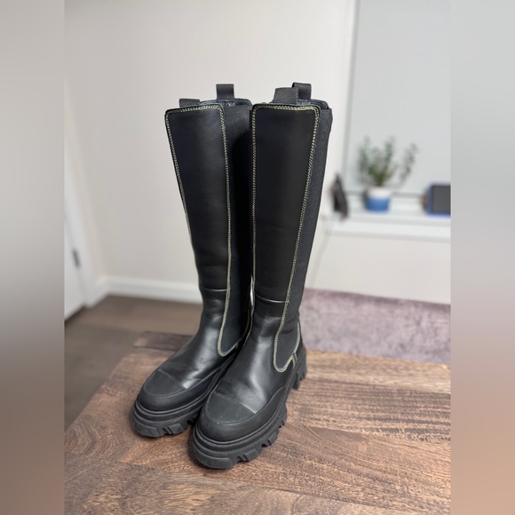 Ganni black leather yellow stitch knee high chelsea boot size 6 - Picture 6 of 13